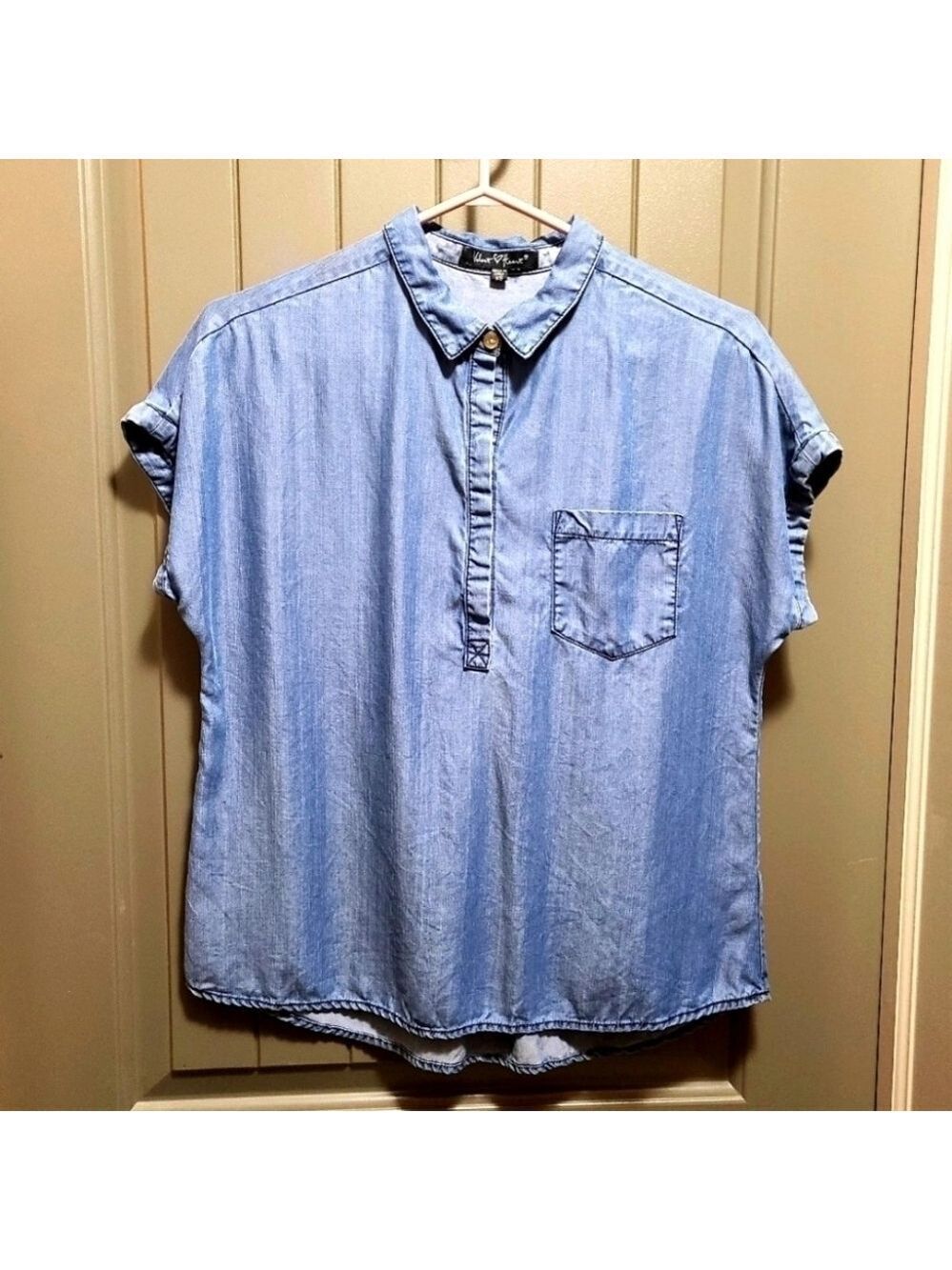 Y2K Velvet Heart Denim Chambray Half Button Down Shirt Short Sleeve Top Size XS